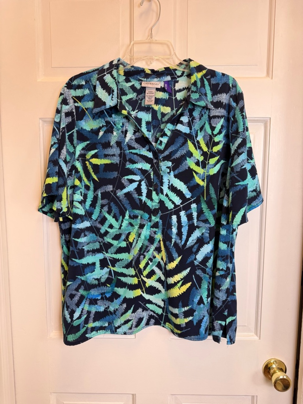 Catherines Navy and Teal Botanical Print Blouse Size 1XWP Women’s Petite